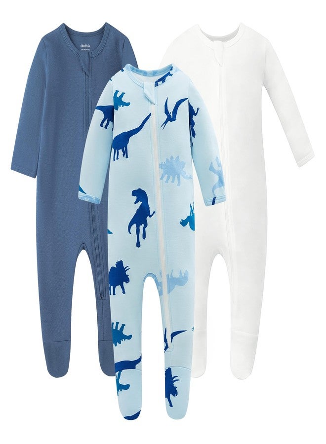 Owlivia Organic Cotton Baby Pajamas, Boys Girls 3-Pack Zip Front Sleep 'N Play, Footed Sleeper, Long Sleeve(12-18 Months, Dinosaur&Blue&Ivory White) - Image 1