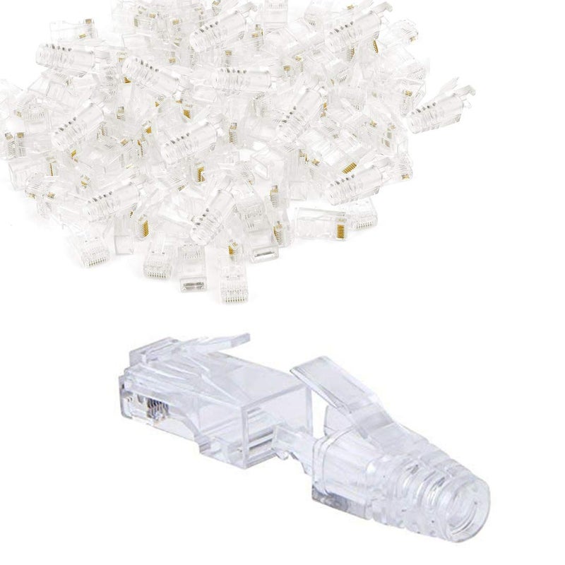 OLIREXD (عبوة من 100 قطعة) مقابس RJ45 Cat6 8P8C لتوصيل كابل إيثرنت، موصلات تجعيد شفافة مع غطاء شفاف وواقيات تخفيف الضغط Cat6 - Image 1