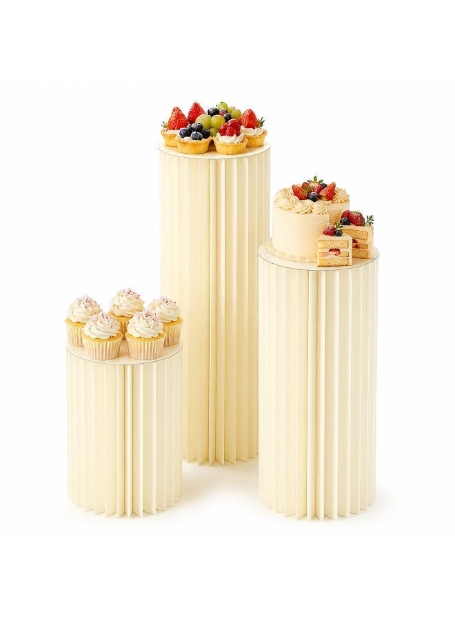 3pcs Ivory Foldable Honeycomb Paper Cake Display Stands with Clear Top Plates, Round Pedestal Columns for Ramadan Eid Birthday Wedding Party - Image 2