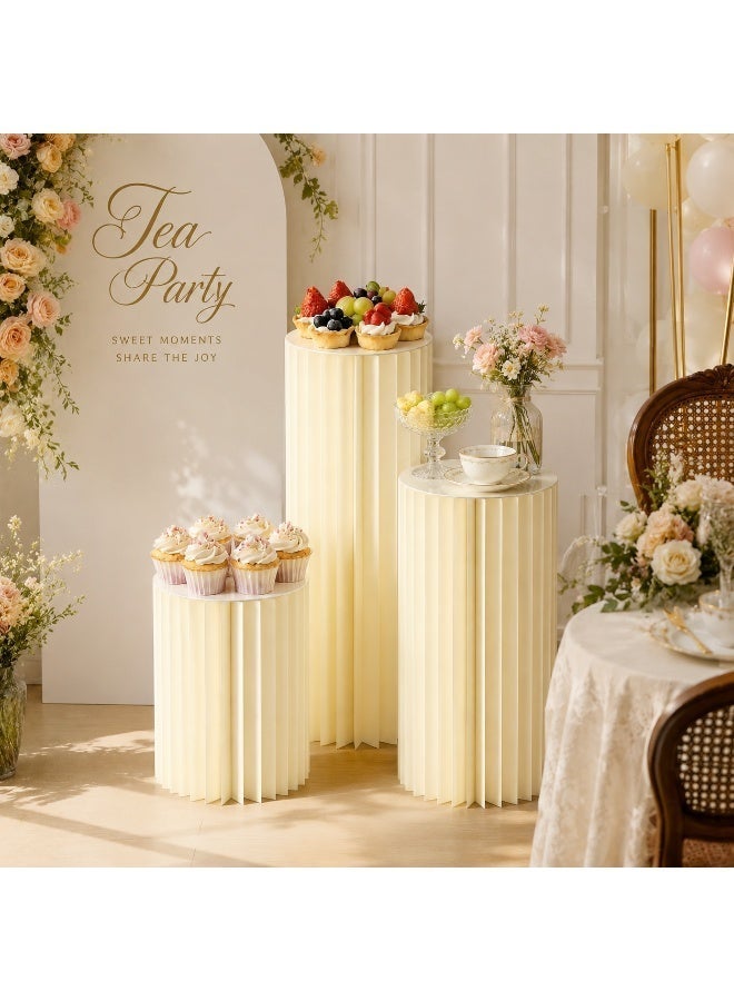 3pcs Ivory Foldable Honeycomb Paper Cake Display Stands with Clear Top Plates, Round Pedestal Columns for Ramadan Eid Birthday Wedding Party - Image 4