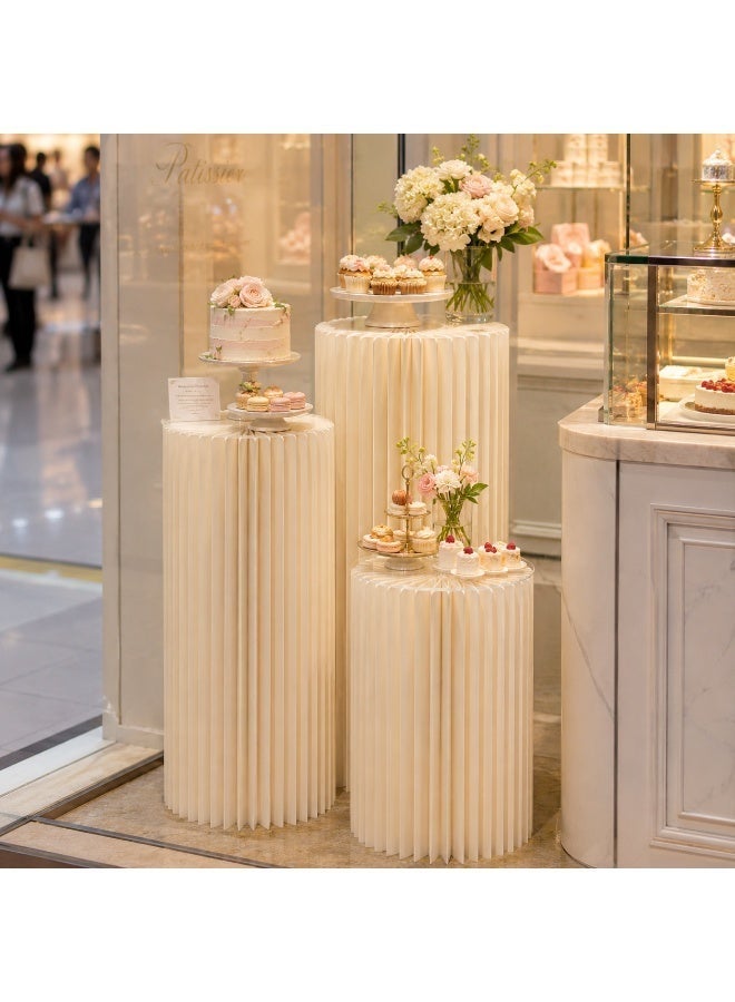 3pcs Ivory Foldable Honeycomb Paper Cake Display Stands with Clear Top Plates, Round Pedestal Columns for Ramadan Eid Birthday Wedding Party - Image 1