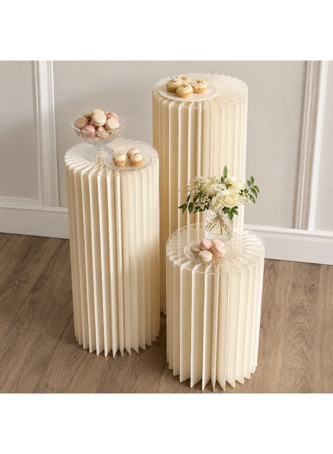 3pcs Ivory Foldable Honeycomb Paper Cake Display Stands with Clear Top Plates, Round Pedestal Columns for Ramadan Eid Birthday Wedding Party - Image 5