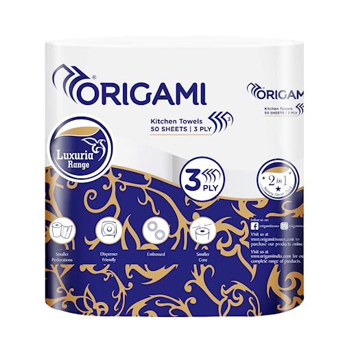 Origami 3 Ply 2 in 1 Luxuria Kitchen Tissue Paper Roll | Tough, Super Absorbent & Food Safe Tissues for Spotless Cleaning | Ideal for Multi Purpose Use (50 Pulls Per Roll, 100 Sheets) - Image 1
