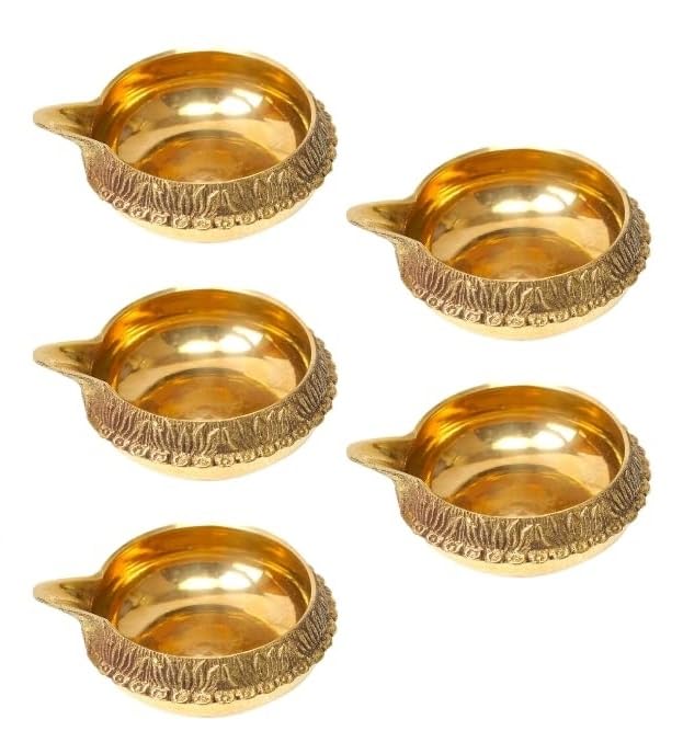 A & S VENTURES A&S Ventures Kuber Brass Diya for Puja Set of 5 Akhand Diya for Puja || Heavy Base Aarti Diya || Deepak for Pooja Diwali Gift Item, Home Temple Decor, - Image 1