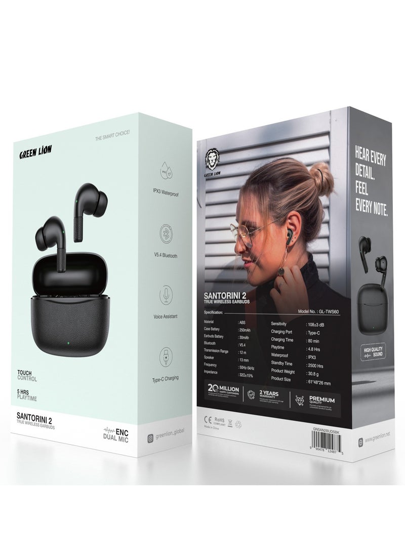 GREEN LION - True Wireless Earbuds Santorini 2 TWS with Voice Assistant / ENC Dual Mic / Touch Control / High Quality Sound / Sleek and Compact / Sweat Resistant / Workout/ Outdoor / Running - Black - Image 1