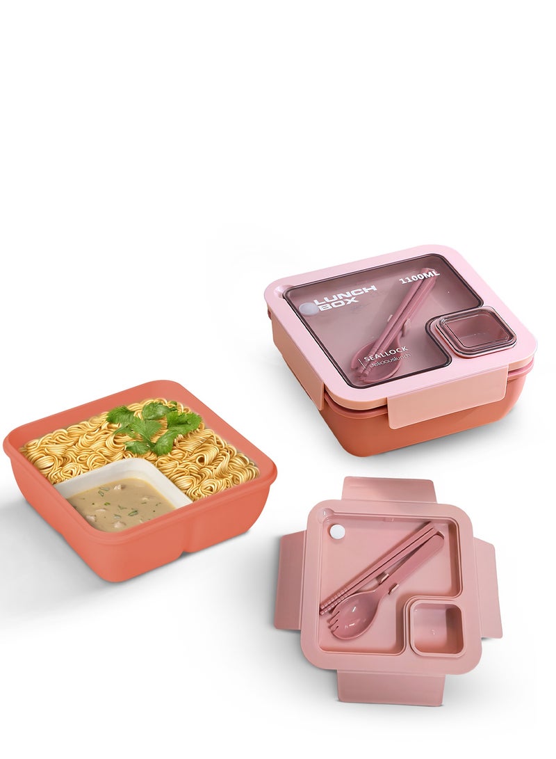 BAYBEE 1100 ML Kids Lunch Box for Adults With 2 in 1 Spoon & Chopsticks | 2 Compartment Leak Proof Tiffin Box for School, College & Office | Bento Box for Kids | Adults Lunch Box for Kids Pink - Image 1