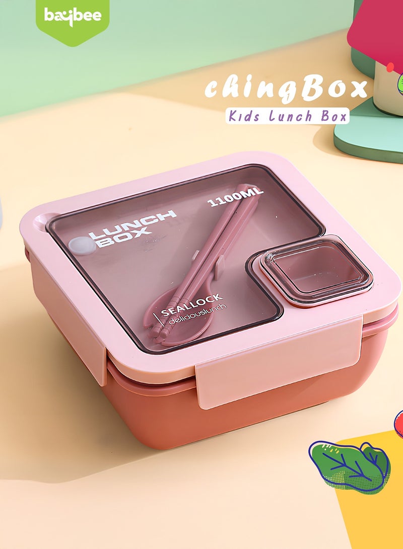 BAYBEE 1100 ML Kids Lunch Box for Adults With 2 in 1 Spoon & Chopsticks | 2 Compartment Leak Proof Tiffin Box for School, College & Office | Bento Box for Kids | Adults Lunch Box for Kids Pink - Image 3