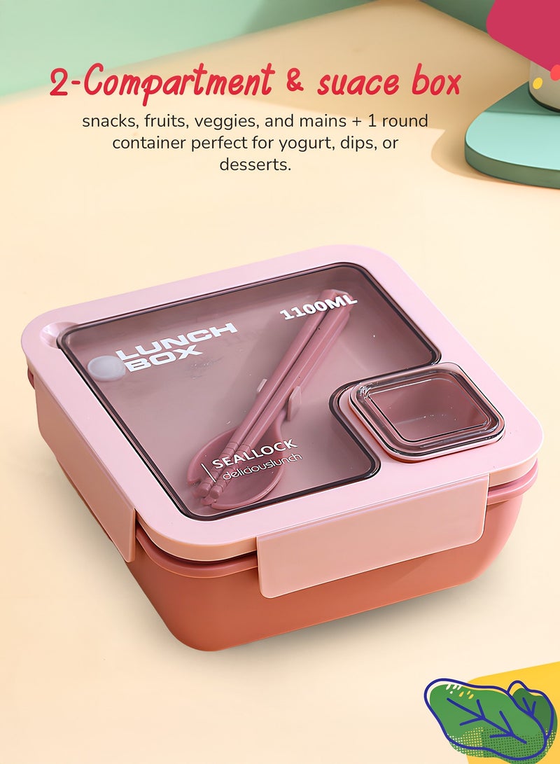 BAYBEE 1100 ML Kids Lunch Box for Adults With 2 in 1 Spoon & Chopsticks | 2 Compartment Leak Proof Tiffin Box for School, College & Office | Bento Box for Kids | Adults Lunch Box for Kids Pink - Image 4