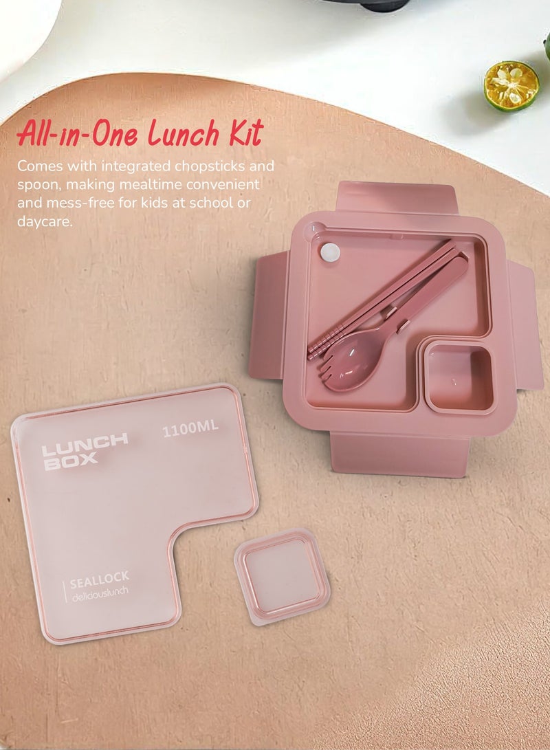 BAYBEE 1100 ML Kids Lunch Box for Adults With 2 in 1 Spoon & Chopsticks | 2 Compartment Leak Proof Tiffin Box for School, College & Office | Bento Box for Kids | Adults Lunch Box for Kids Pink - Image 5