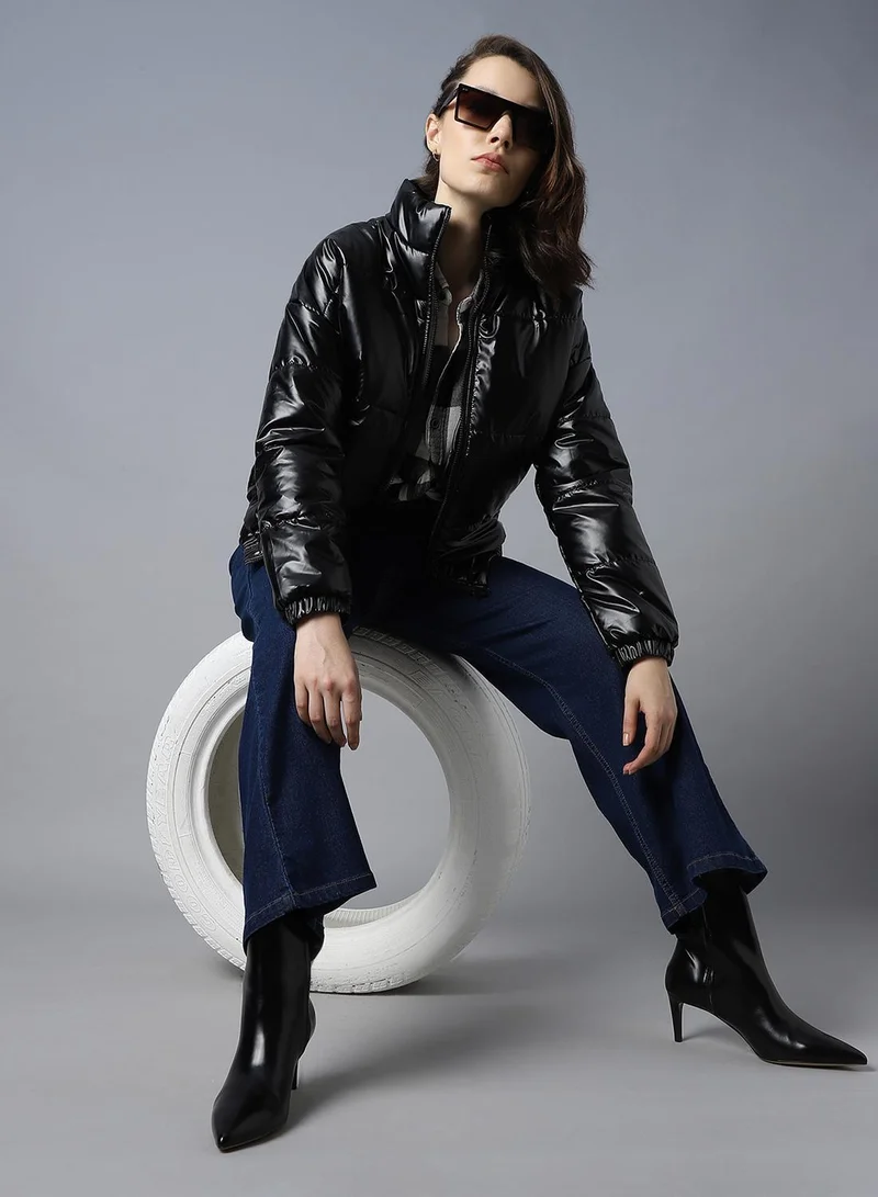 Women's Black 100% Polyester Solid Pattern Regular Fit Jacket