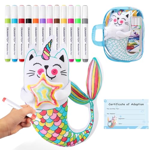 DRAWMYTOY DIY Coloring Plush Toy with Washable Markers Scribble Pets Stuffed Animal Doodle Dolls Art Toy for Boys and Girls Ages 38 Birthday Gift Fish Cat - Image 1