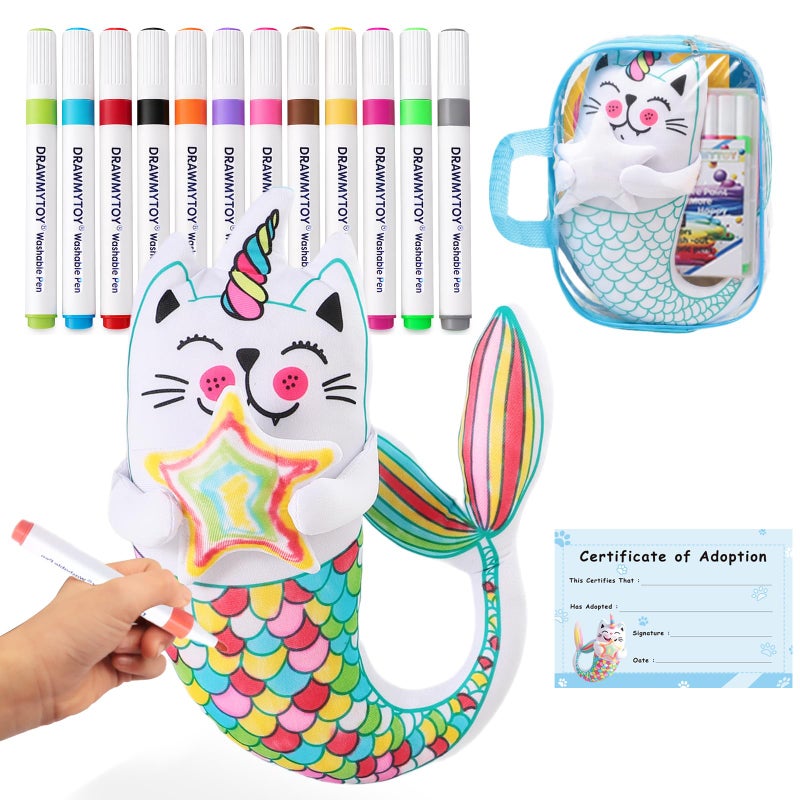 DRAWMYTOY DIY Coloring Plush Toy with Washable Markers Scribble Pets Stuffed Animal Doodle Dolls Art Toy for Boys and Girls Ages 38 Birthday Gift Fish Cat - Image 2