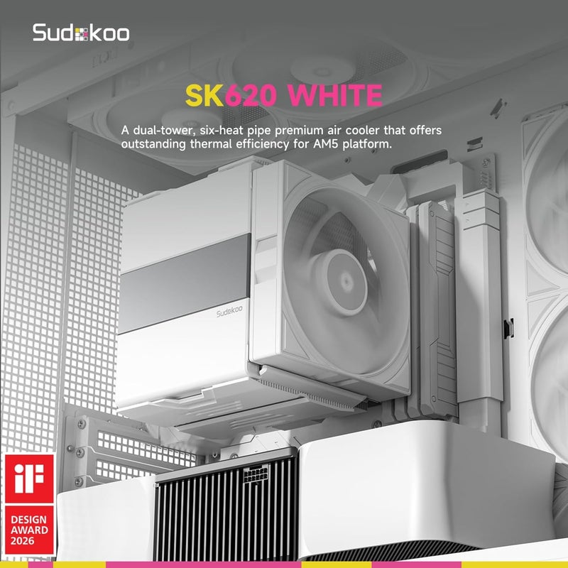 مبرد هواء SK620 أبيض AM5: 6 أنابيب حرارية مبرد وحدة معالجة مركزية مزدوج البرج حصري لـ AM5 - مبرد كمبيوتر مع مروحة 120 مم FDB PWM هادئة وقفل سريع للتركيب - Image 2