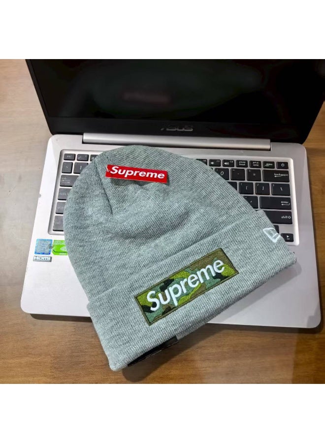 Supreme Camouflage Logo Embroidered Beanie - Gray Street Style Must-Have