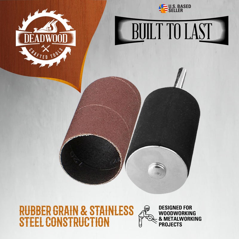 Deadwood Crafted Tools مجموعة طقم أسطوانة صنفرة دريل بريس 1/4 بوصة - أسطوانات صنفرة مطاطية (0.5-1.5 بوصة) وأكمام صنفرة عمود الدوران، 20 قطعة - Image 3