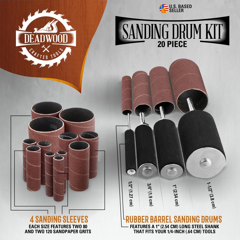 Deadwood Crafted Tools مجموعة طقم أسطوانة صنفرة دريل بريس 1/4 بوصة - أسطوانات صنفرة مطاطية (0.5-1.5 بوصة) وأكمام صنفرة عمود الدوران، 20 قطعة - Image 2