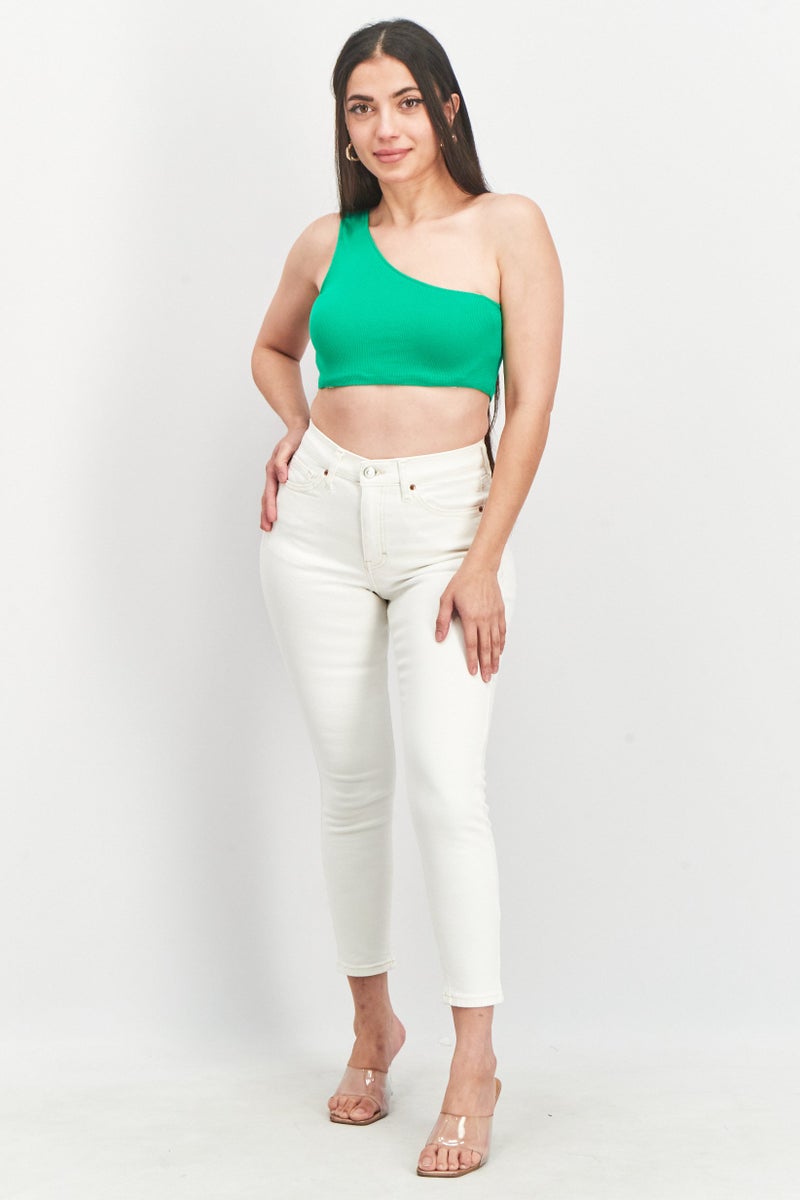 Sinsay Women Asymmetrical Neck One Shoulder Ribbed Top, Green - Image 3