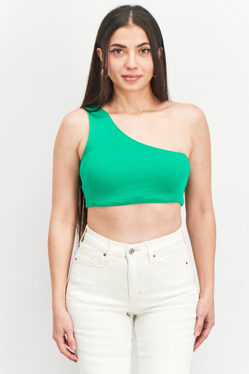 Sinsay Women Asymmetrical Neck One Shoulder Ribbed Top, Green - Image 1