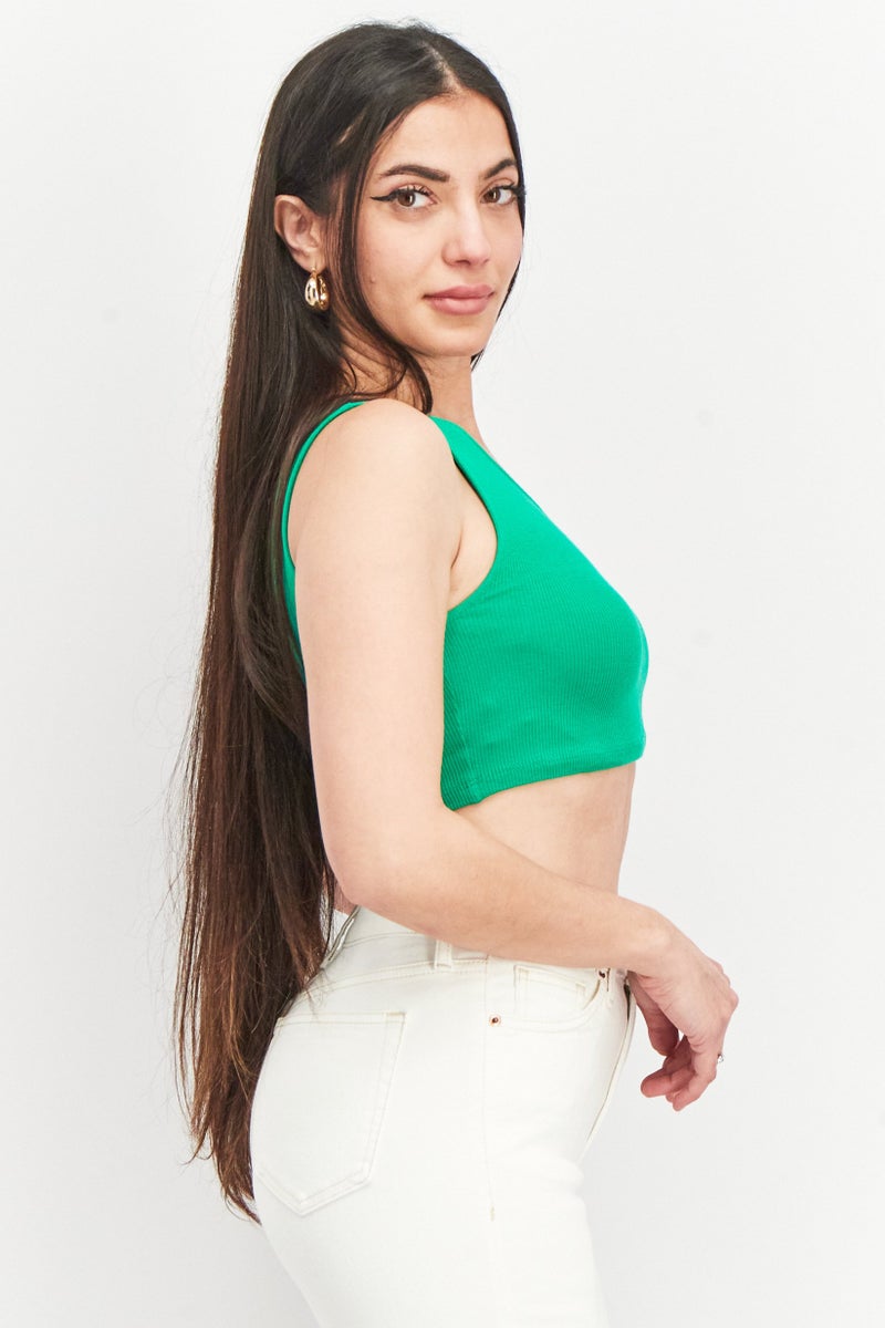 Sinsay Women Asymmetrical Neck One Shoulder Ribbed Top, Green - Image 2