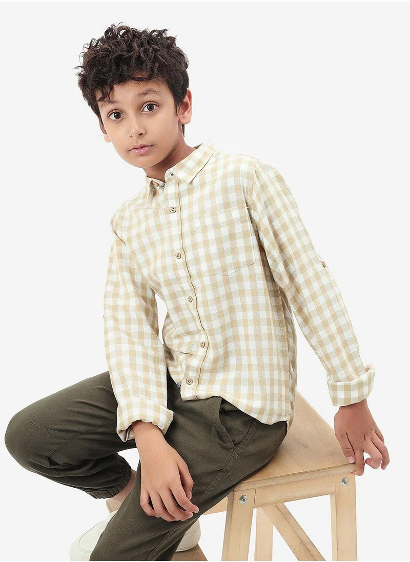 بونكيدز Regular Long Sleeve Printed White And Brown Cotton Shirt For Boys 100 % Cotton