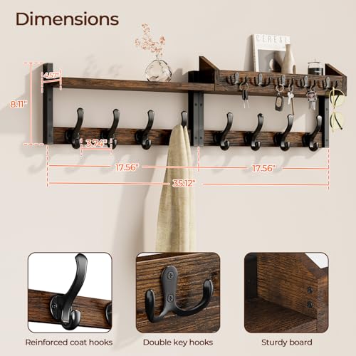 Evermagin 35" Coat Rack Wall Mount with Shelf, 4 in 1 Coat and Key Hanger with 13 Metal Hooks, Entryway Wall Mounted Shelf with Mail Holder for Living Room, Bedroom, Rustic Brown - Image 2