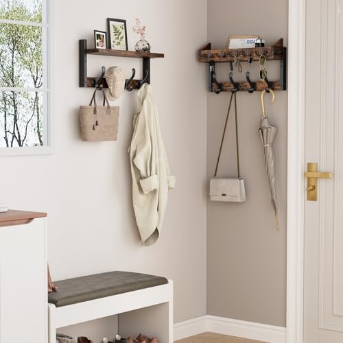 Evermagin 35" Coat Rack Wall Mount with Shelf, 4 in 1 Coat and Key Hanger with 13 Metal Hooks, Entryway Wall Mounted Shelf with Mail Holder for Living Room, Bedroom, Rustic Brown - Image 3