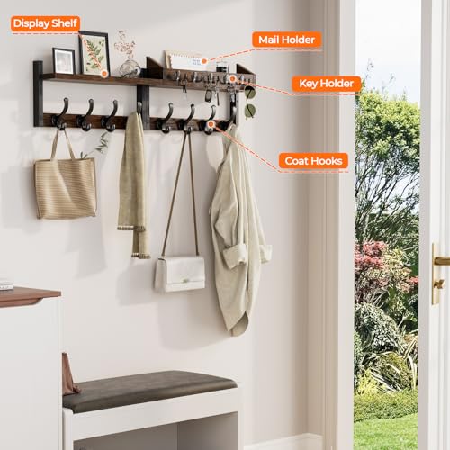 Evermagin 35" Coat Rack Wall Mount with Shelf, 4 in 1 Coat and Key Hanger with 13 Metal Hooks, Entryway Wall Mounted Shelf with Mail Holder for Living Room, Bedroom, Rustic Brown - Image 5