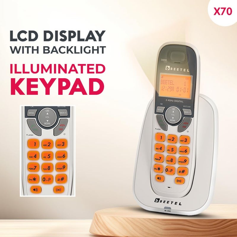 Beetel هاتف أرضي لاسلكي قابل للتوسيع X70، تردد 2.4GHz، هاتف مكبر صوت ثنائي الاتجاه، حجم جرس الرنين، إشعار LED للجرس والشحن (X70)(أبيض) - Image 3