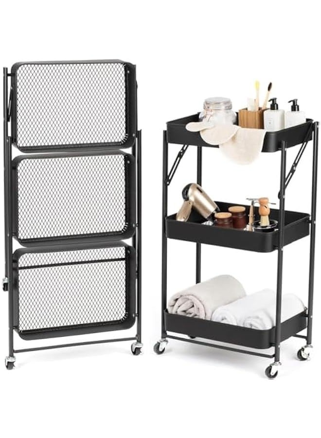 Beauenty 3 Tiers Foldable Storage Trolley Cart Kitchen utility carts Foldable Rolling Carts Trolley with Locking Wheels for Kitchen Multi-purpose Shelving Organizer (black) - Image 1