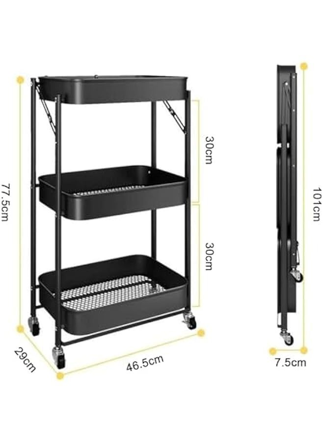 Beauenty 3 Tiers Foldable Storage Trolley Cart Kitchen utility carts Foldable Rolling Carts Trolley with Locking Wheels for Kitchen Multi-purpose Shelving Organizer (black) - Image 2
