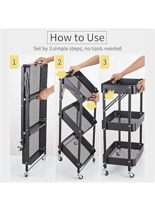 Beauenty 3 Tiers Foldable Storage Trolley Cart Kitchen utility carts Foldable Rolling Carts Trolley with Locking Wheels for Kitchen Multi-purpose Shelving Organizer (black) - Image 3