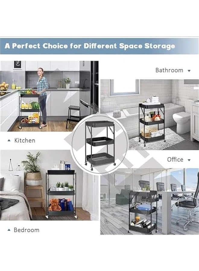 Beauenty 3 Tiers Foldable Storage Trolley Cart Kitchen utility carts Foldable Rolling Carts Trolley with Locking Wheels for Kitchen Multi-purpose Shelving Organizer (black) - Image 4