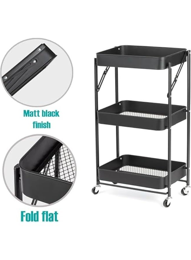 Beauenty 3 Tiers Foldable Storage Trolley Cart Kitchen utility carts Foldable Rolling Carts Trolley with Locking Wheels for Kitchen Multi-purpose Shelving Organizer (black) - Image 5