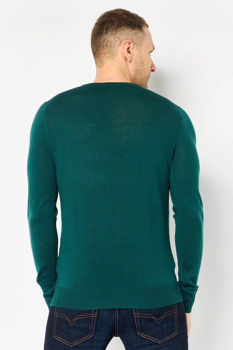 Celio Men V-Neck Long Sleeve Plain Sweater, Dark Green - Image 3