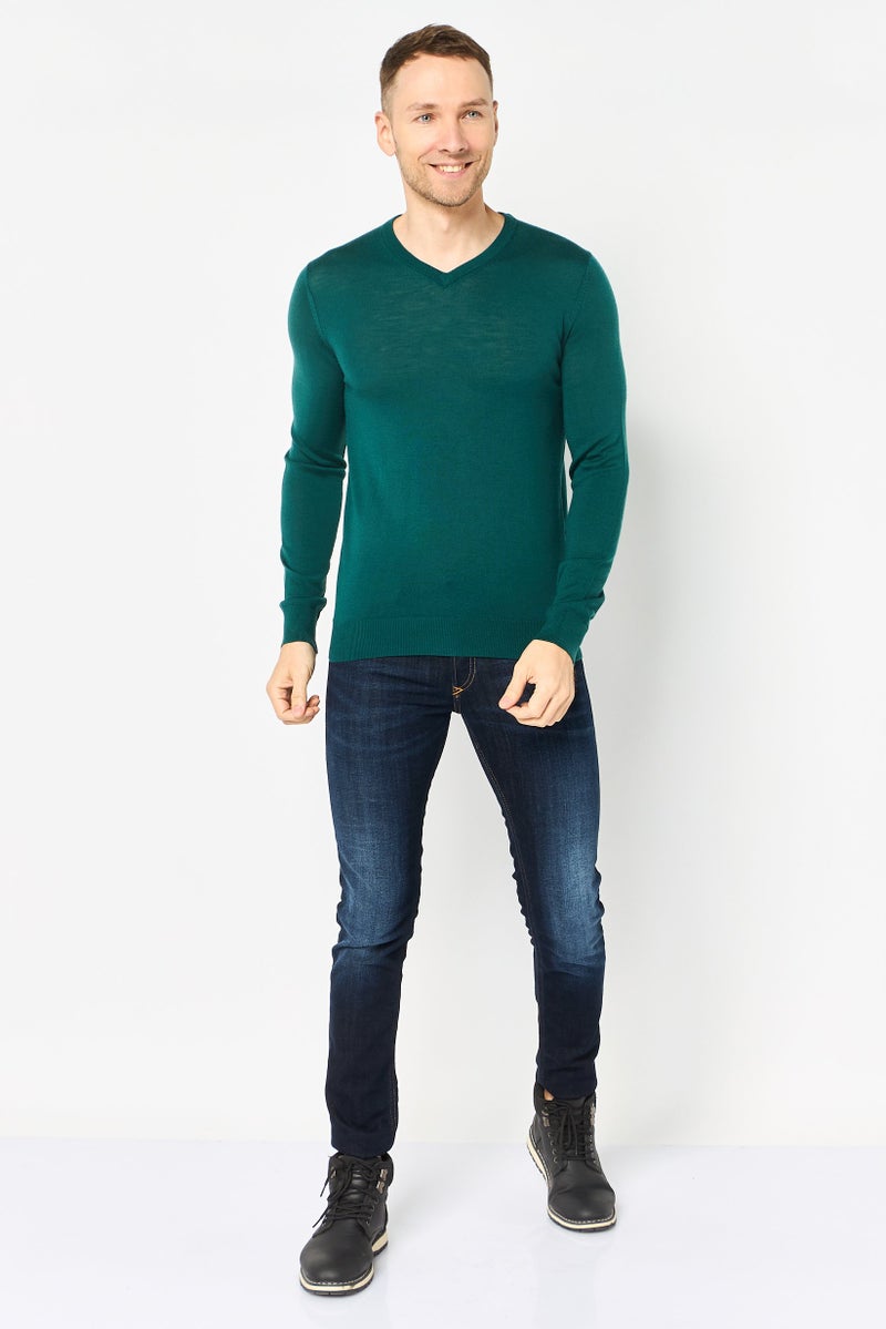 Celio Men V-Neck Long Sleeve Plain Sweater, Dark Green - Image 4