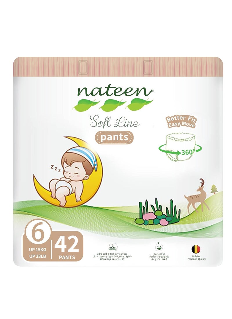 nateen حفاضات أطفال Nateen Soft Line، مقاس 6 (15+كجم)، مقاس XX-Large، سراويل حفاضات عدد 42، سراويل حفاضات أطفال فائقة النعومة وجيدة التهوية.  - Image 1