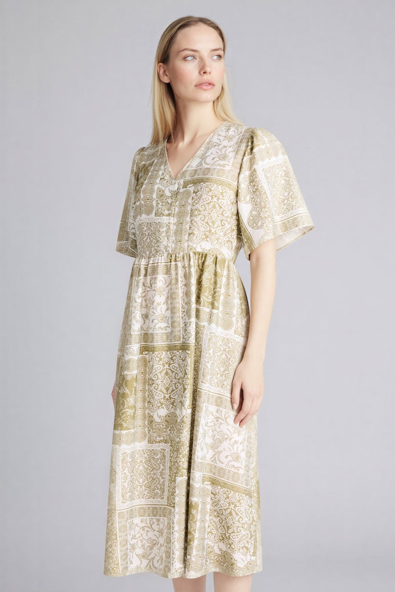 ديفاكتو فستان نص كم مطبوع بقصة A كم فراشة بياقة V - Image 3