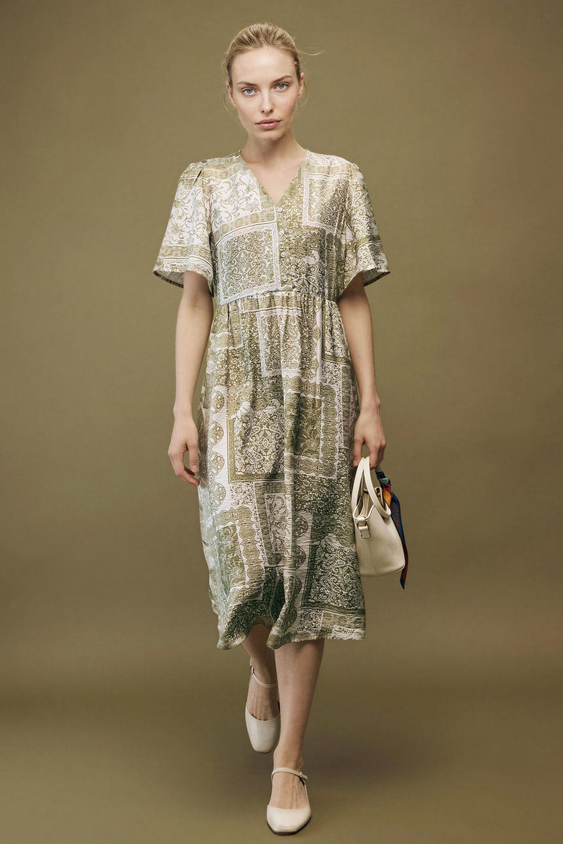 DeFacto Beige Woman A Cut V-Neck Printed Butterfly Sleeves Dress Casual - Image 2