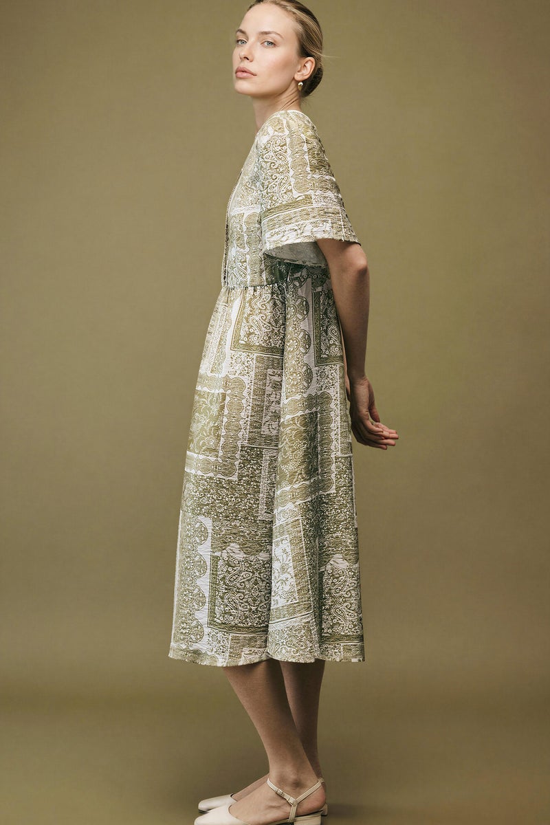 DeFacto Beige Woman A Cut V-Neck Printed Butterfly Sleeves Dress Casual - Image 3
