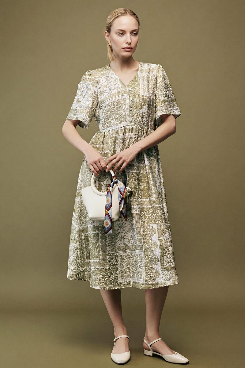 DeFacto Beige Woman A Cut V-Neck Printed Butterfly Sleeves Dress Casual - Image 1