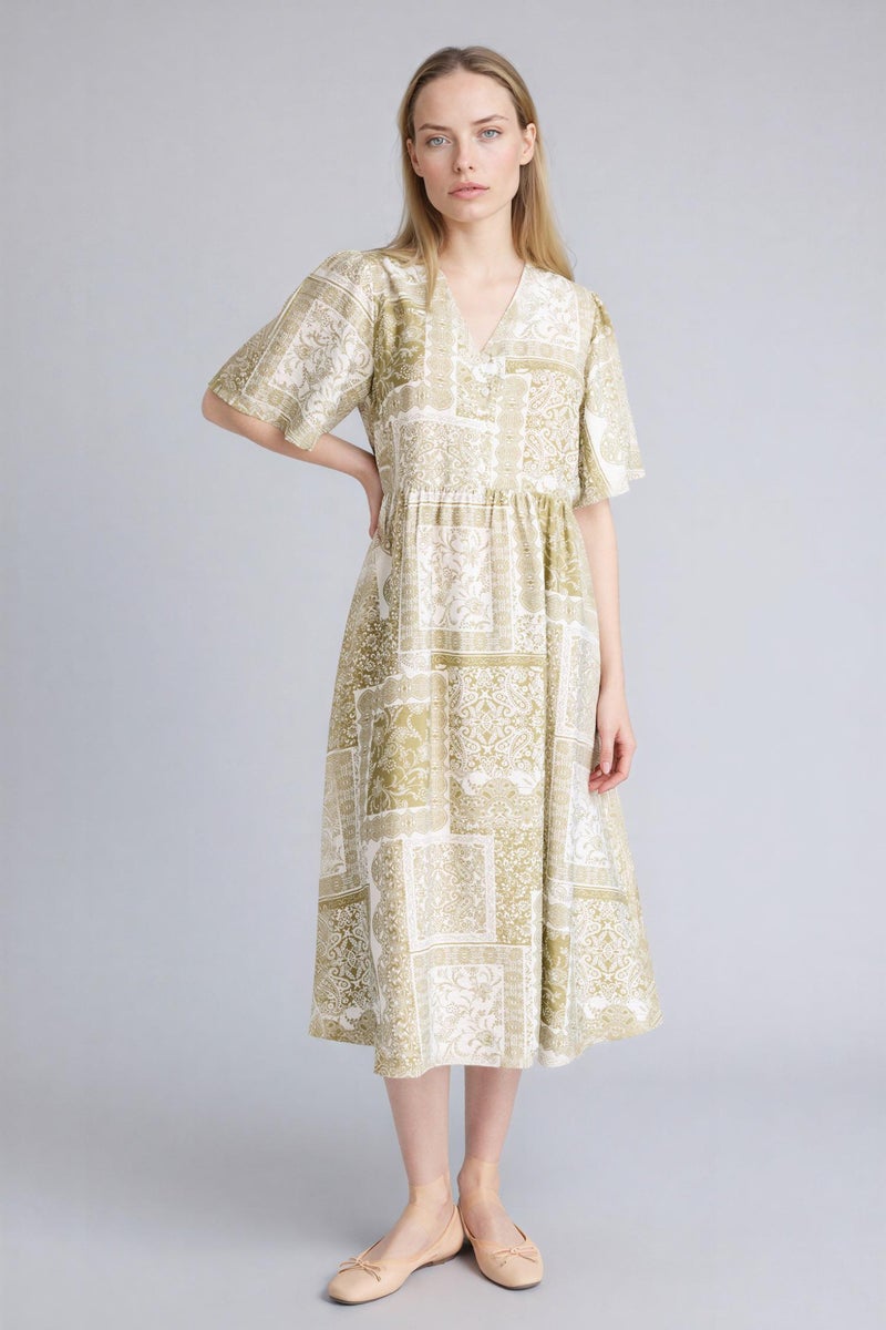 DeFacto Beige Woman A Cut V-Neck Printed Butterfly Sleeves Dress Casual - Image 4