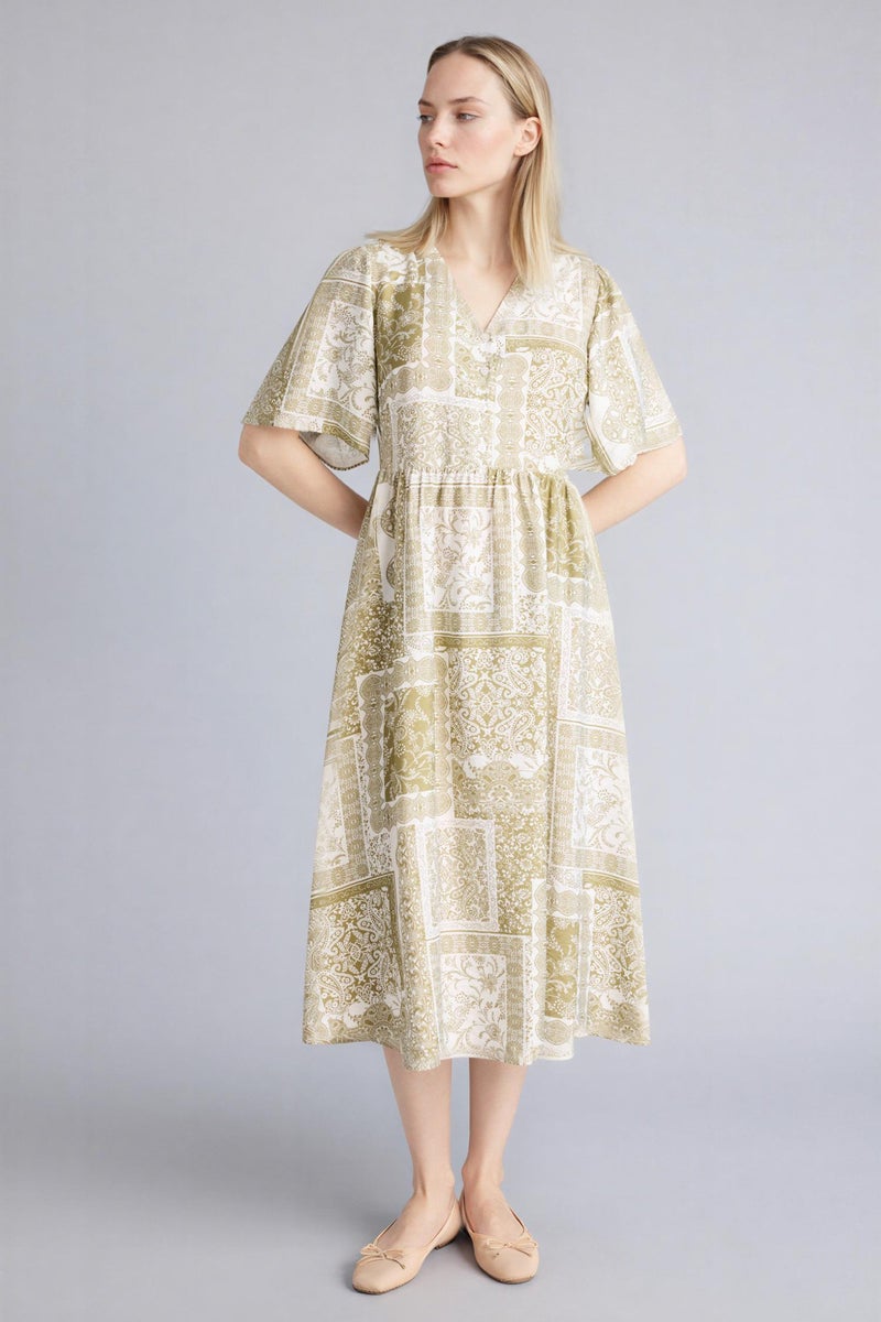 DeFacto Beige Woman A Cut V-Neck Printed Butterfly Sleeves Dress Casual - Image 5