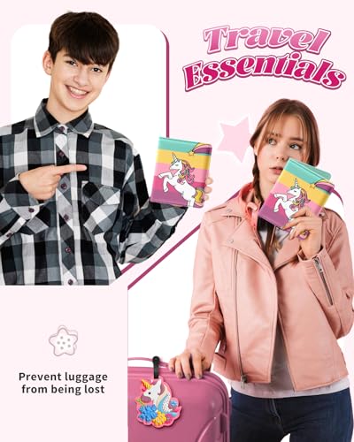 Slohif Kids Passport Holder Lugguage Tag Set Suitcase Cover Wallet Case for Travel Girls Women - Cute Leather Passport Book Personalized Organizer Card Protector Sleeve Essentials Slim Carrier Rainbow - Image 5