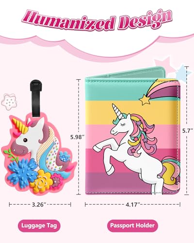Slohif Kids Passport Holder Lugguage Tag Set Suitcase Cover Wallet Case for Travel Girls Women - Cute Leather Passport Book Personalized Organizer Card Protector Sleeve Essentials Slim Carrier Rainbow - Image 2