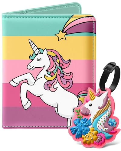 Slohif Kids Passport Holder Lugguage Tag Set Suitcase Cover Wallet Case for Travel Girls Women - Cute Leather Passport Book Personalized Organizer Card Protector Sleeve Essentials Slim Carrier Rainbow - Image 1