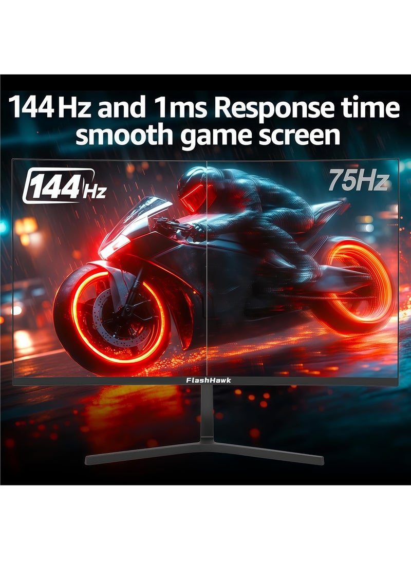 FlashHawk 27-inch Curved Gaming Monitor with Built-in Speakers, 144Hz Refresh Rate, Full HD 1080P, 1800R Frameless Design, FreeSync, Eye-Care Technology, HDMI/DP Ports (Black)​​  - Image 2