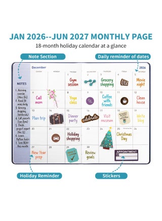 Planner Notebook 2026-2027, Month Weekly Planner Runs JAN 2026 to JUNE 2027, 2026-2027 Planner with Pen Loop, Back Pocket and Stickers, 18 Months Planner, Monthly Planners 2026-2027 - view 4