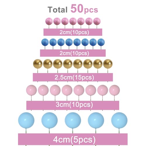 ASTARON 50 Pcs Ball Cake Topper Sticks Mini Balloons for Cake Decorating Supplies Foam Balls Cake decorations for Baby Shower Cake Birthday Cake Toppers Decorations Pink Blue Series - Image 5