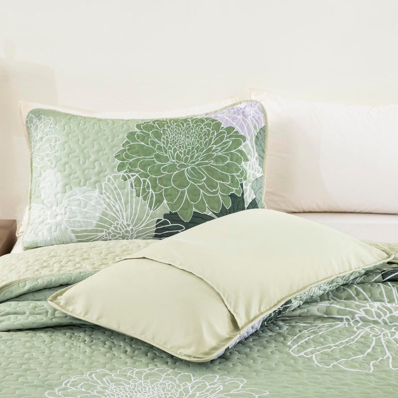 Yiran Floral Quilt Set Queen Size Sage Green Botanical Bedspreads Bedding Set 3 Pieces Lightweight Summer Coverlet with 2 Pillow Shams 96x90 Inch - Image 5
