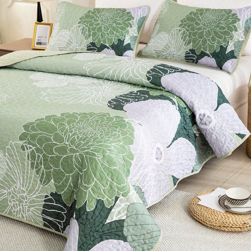 Yiran Floral Quilt Set Queen Size Sage Green Botanical Bedspreads Bedding Set 3 Pieces Lightweight Summer Coverlet with 2 Pillow Shams 96x90 Inch - Image 2